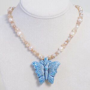 new! handmade pearl beaded choker chunky choker with butterfly pendant mixed